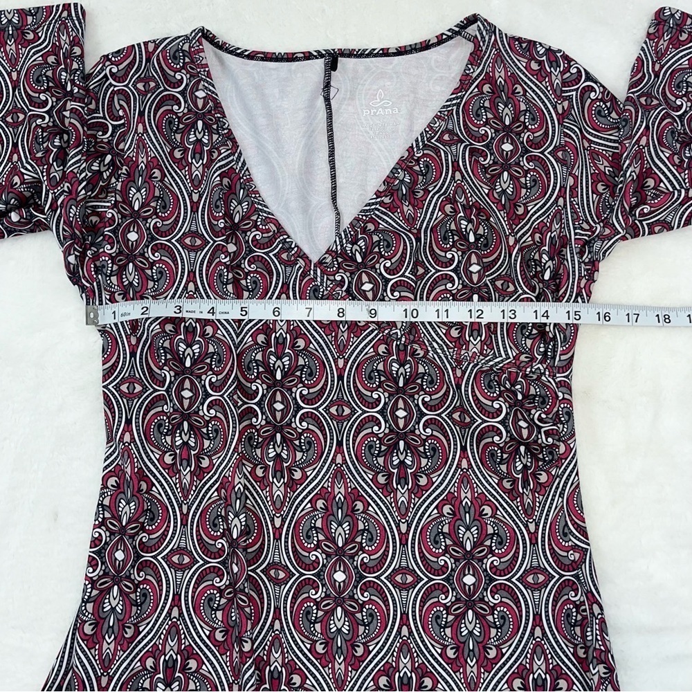 prAna Womens Veeda Red NADIA VNECK Faux Wrap DRESS 3/4 Sleeves Stretch Sz LG - Picture 12 of 12